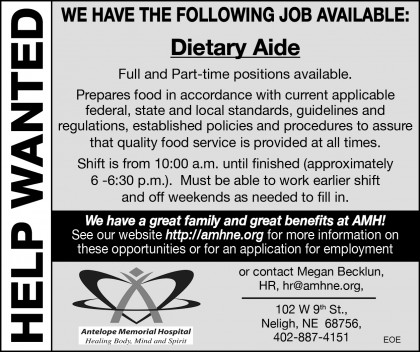 Neligh Nebraska Elgin Review Dietary Aide AMH Antelope Memorial Hospital Antelope County Nebraska