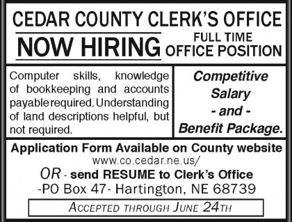 Cedar County Clerk Now Hiring 2x3 052919