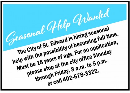 City of St. Edward Help Wanted seasonal help 4 10 2019 Wk 30